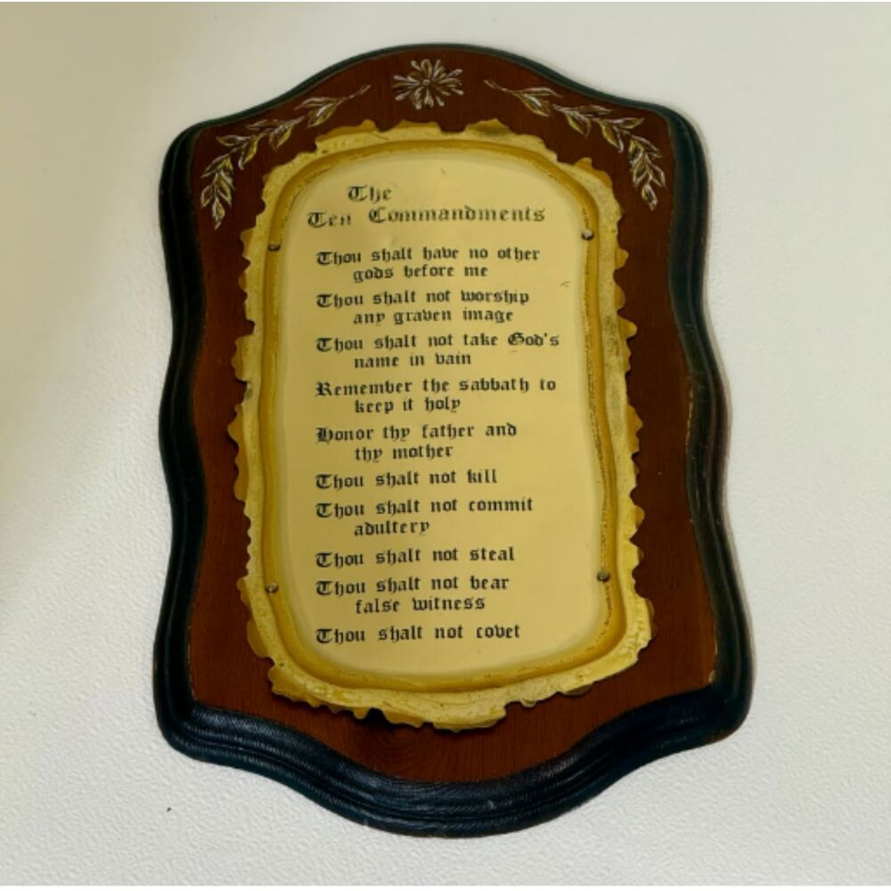 Vtg Ten Commandments Christian Wall Plaque Gold Brass Metal on Wood